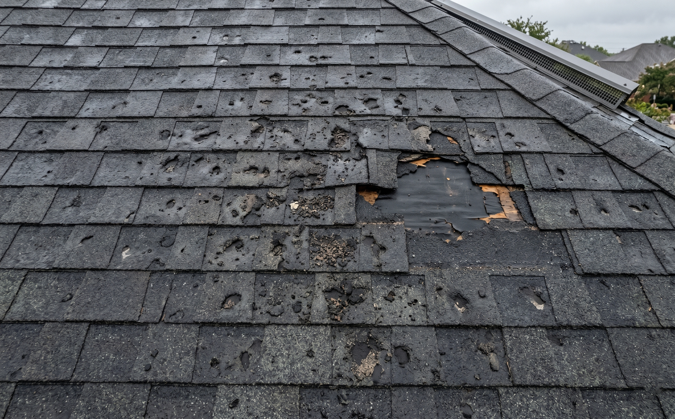 Hail-damaged asphalt shingle roof